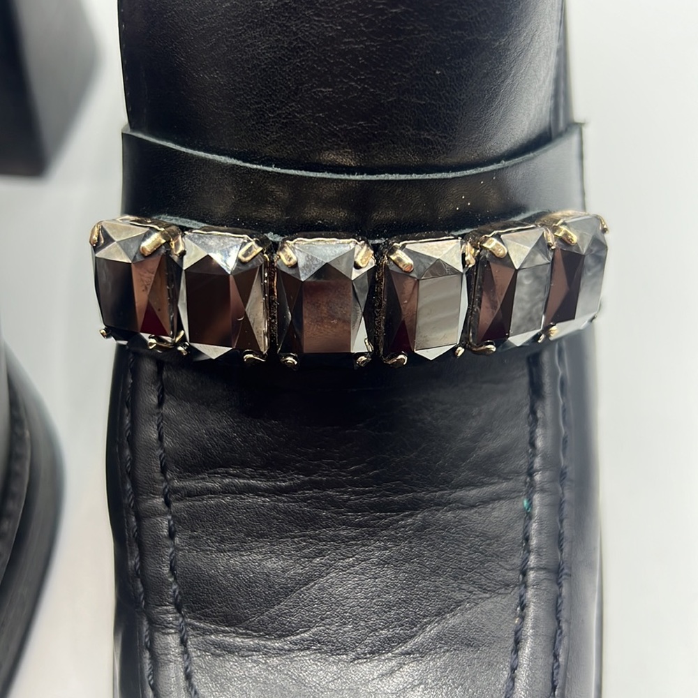 RAS black chunky heel leather loafer square toe/heel w/jewel detail SZ 39 US 9 - Picture 11 of 13
